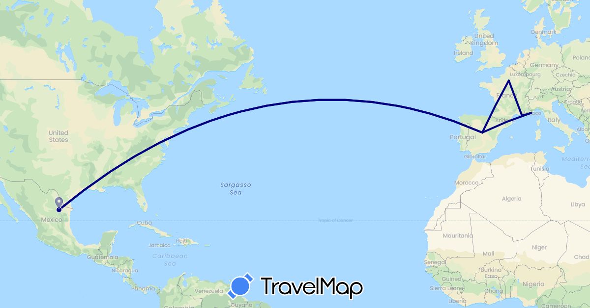 TravelMap itinerary: driving in Spain, France, Monaco, Mexico (Europe, North America)